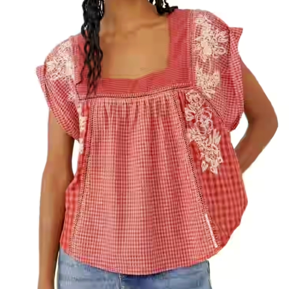 Free People Red Gingham Blouse with White Embroidery